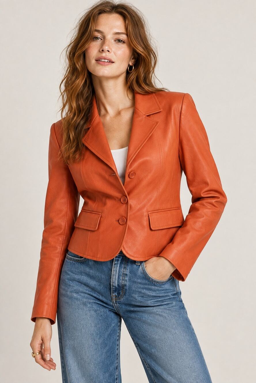 Pasha & Jo Vegan Leather Blazer Jacket Orange – Size M
